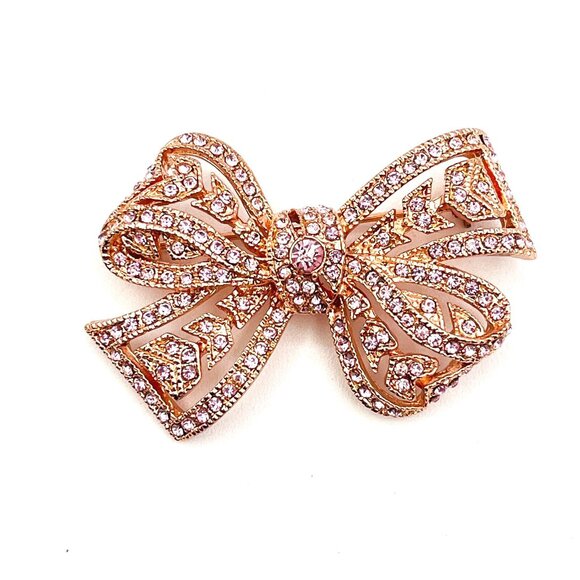 Kenneth Jay Lane KJL Rose Gold Tone Pink Pave Rhinestone Bow Brooch 2" - Picture 2 of 9
